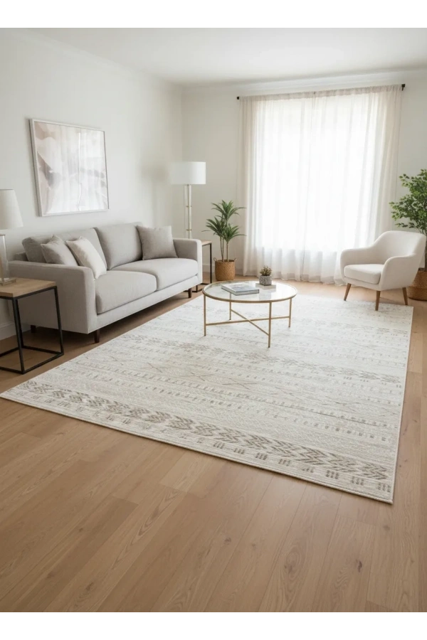 Asar Yün Moda H7032 Bej Şerit Çizgili Bohem Halı 200x290