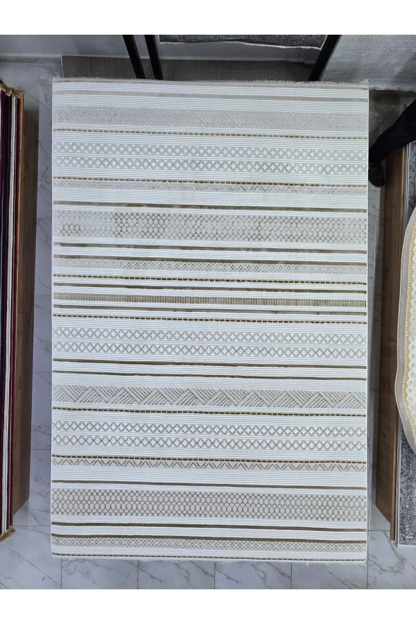 Asar Yün Moda H7031 Gold Şerit Çizgili Bohem Halı 200x290