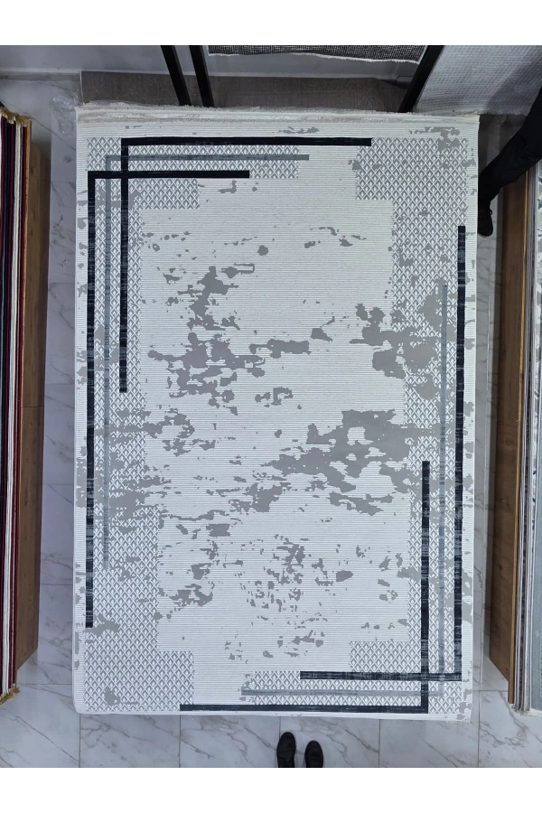 Asar Yün Moda H6422 Beyaz Geometrik Çizgili Bohem Halı 200x290