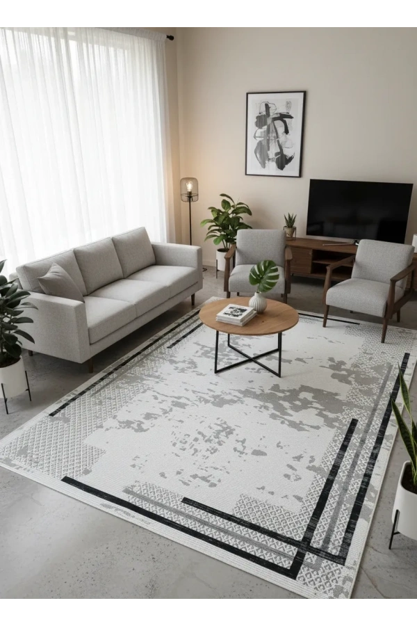 Asar Yün Moda H6422 Beyaz Geometrik Çizgili Bohem Halı 200x290