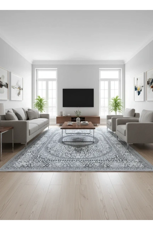 Çapan Armoni H7280A Gri Klasik Madalyonlu Halı 200x290