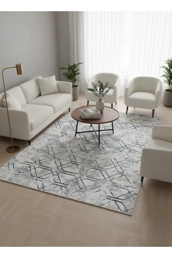 Çapan Armoni H5687B Lacivert Beyaz Geometrik Desenli Halı 200x290