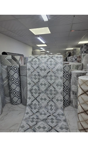 Sarar Klasik Eşkenar Dörtgen Gri-Beyaz Jel Taban Kaymaz Halı