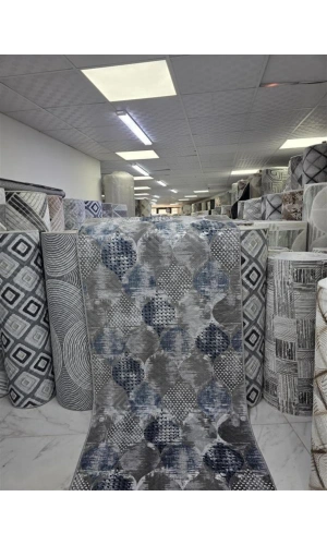 Sarar Klasik Bohem Daire Mavi-Gri Jel Taban Kaymaz Halı