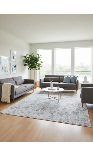 Odak Narin P2356A Gri-Mavi Flash Halı 200x280 | Kare Çizgili Işıltılı Modern Halı