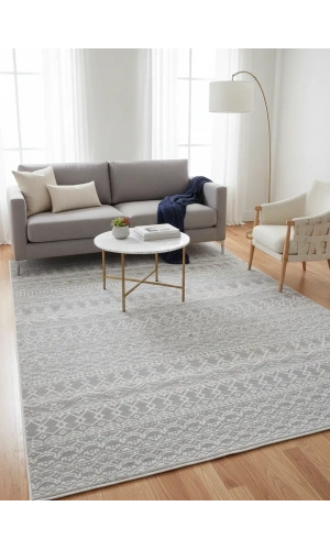 Voga Prestij P7401 Gri-Beyaz Halı 200x280 | Etnik Şeritli Bohem Halı