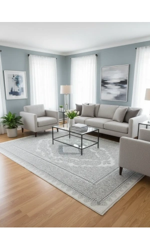 Odak Narin P7068A Gri-Mavi Flash Halı 200x280 | Osmanlı Madalyon Flash Halı