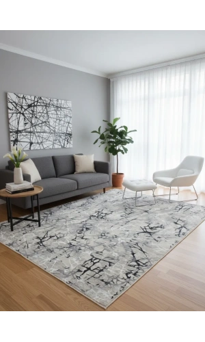 Odak İnci H6039A Lacivert-Gri Halı 200x280 | Soyut Dal Desenli Modern Halı