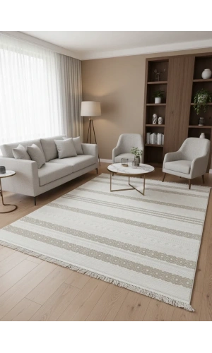 Veseo İskandinavy 9101 Bej Halı 200x275 | Etnik Şeritli Bohem Halı