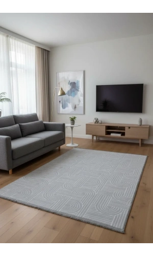 Veseo Asil NU1302 Açık Gri-Beyaz Halı 150x220 | Ark Labirent Çizgili Modern Halı