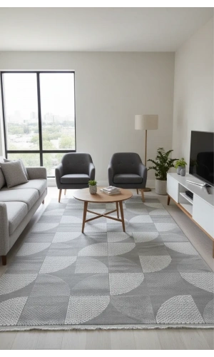 Veseo Armoni 40175A Açık Gri Halı 150x220 | Geometrik Yarım Daire Desenli Modern Halı