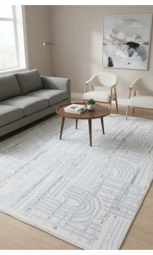 Veseo Asil NU1332 Krem-Beyaz Halı 150x220 | Soyut Çizgi Labirent Desenli Halı