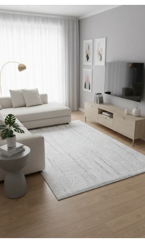 Veseo Asil NU1332 Açık Gri-Gri Halı 150x220 | Soyut Çizgi Labirent Desenli Halı