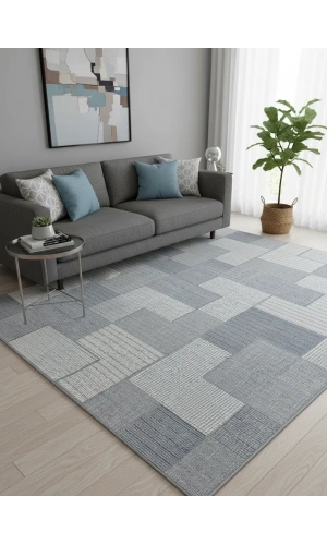 Excellence Narbe NB04 Krem Gri Mavi Patchwork Blok Salon Halısı 150x220 — Modern Saçaklı