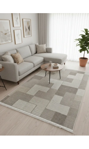 Excellence Narbe NB03 Krem Vizon Patchwork Blok Salon Halısı 150x220 — Kare Blok Saçaklı