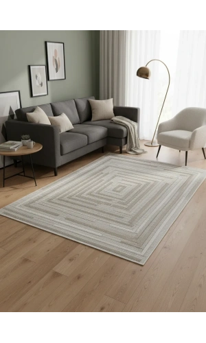 Excellence Narbe NB02 Krem Bej Spiral Labirent Salon Halısı 150x220 — İç İçe Çerçeve Saçaklı