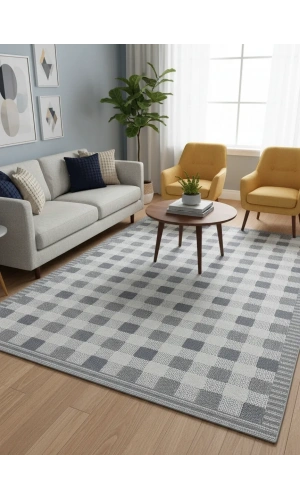 Excellence Narbe NB01 Krem Gri Kareli Düz Dokuma Salon Halısı 150x220 — Ekose Desen