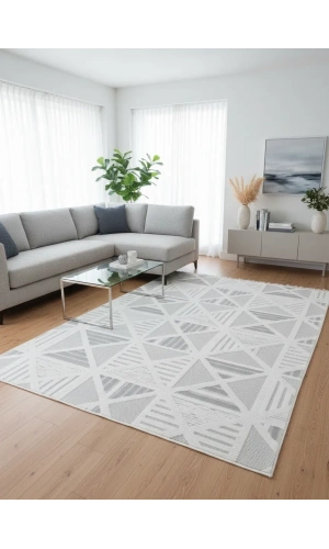 Excellence Level EN274P Krem Gri Üçgen Geometrik Salon Halısı 150x220 — İç İçe Desen Saçaklı