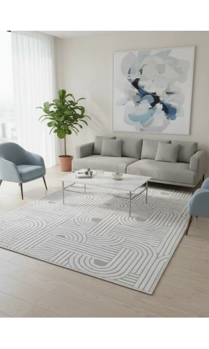 Excellence Level EN270P Gri Labirent Kıvrım Desen Salon Halısı 150x220 — Modern Saçaklı