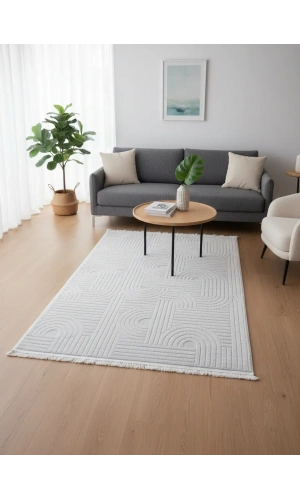 Excellence Level EN270P Bej Labirent Kıvrım Desen Salon Halısı 150x220 — Peluş Saçaklı