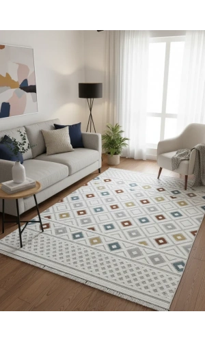 Excellence Level EN200P Çok Renkli Baklava Desen Salon Halısı 150x220 - Renkli Geometrik