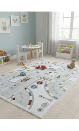 Excellence Kids EN134P Araba Pisti Desenli Erkek Çocuk Halısı 150x220 - Yarış Yolu