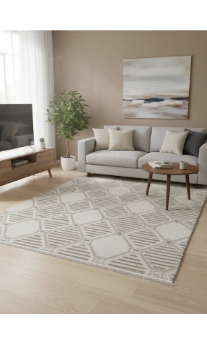 Excellence Golf GF718 Krem Vizon Petek Desen Salon Halısı 150x220 - Altıgen Motif Saçaklı