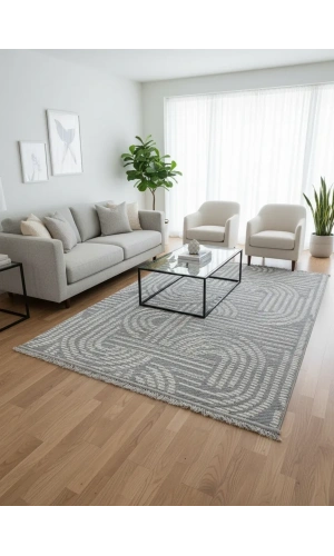 Excellence Golf GF705 Açık Gri Soyut Kıvrım Desen Salon Halısı 150x220 - Saçaklı