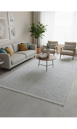 Excellence Golf GF705 Gri Soyut Geometrik Salon Halısı 150x220 - Peluşumsu Saçaklı