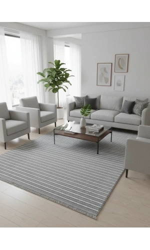 Excellence Golf GF4 Açık Gri Çizgili Salon Halısı 150x220 - Kadifemsi Modern Saçaklı