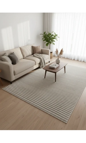 Excellence Golf GF3 Krem Vizon Çizgili Salon Halısı 150x220 - Kadifemsi Dokulu Saçaklı