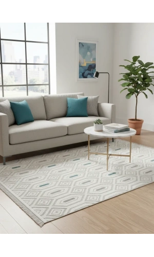 Excellence Level EN262P Krem Mavi Geometrik Salon Halısı 150x220 - Altıgen Desen