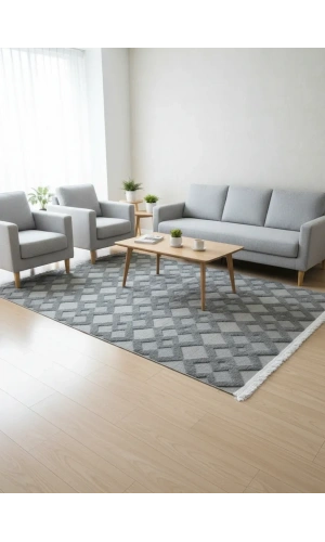 Excellence Level EN261P Antrasit Geometrik Salon Halısı 150x220 - Elmas Desen Saçaklı