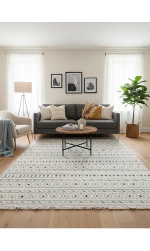 Excellence Level EN230P Çok Renkli Bohem Halı 150x220 - Elmas Desen Saçaklı