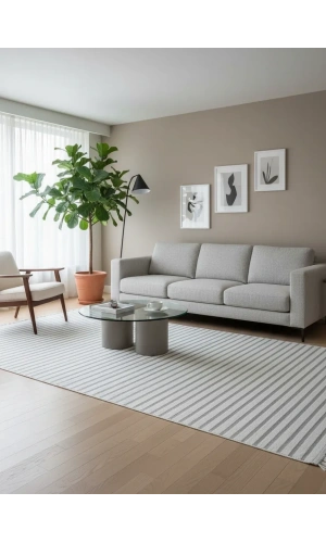 Excellence Level EN207P Gri Çizgili Salon Halısı 150x220 - Modern Skandinav Saçaklı