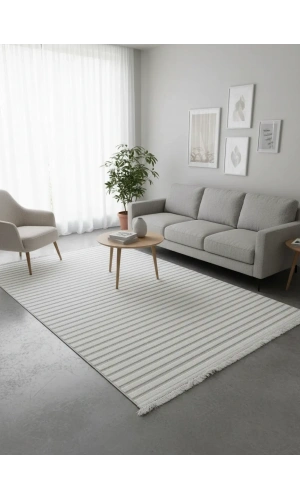 Excellence Level EN207P Krem Çizgili Salon Halısı 150x220 - Sade Modern Saçaklı