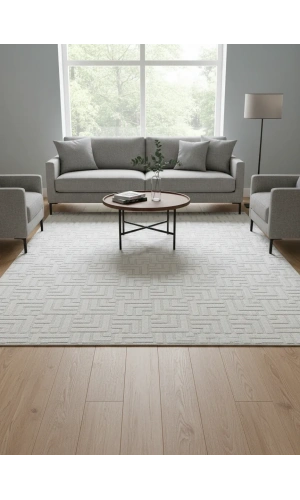 Excellence Level EN204P Bej Geometrik Salon Halısı 150x220 - Saçaklı Kaymaz Tabanlı