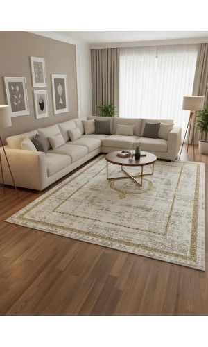 Çapan Armoni H7252A Beyaz Gold Madalyon Eskitme Salon Halısı 160x230 — Altın Bordür Flosh Saçaklı
