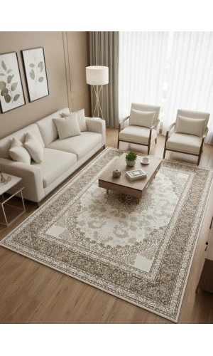 Çapan Armoni H7248A Beyaz Vizon Yoğun Arabesk Klasik Salon Halısı 160x230 — İran Stili Flosh Saçaklı