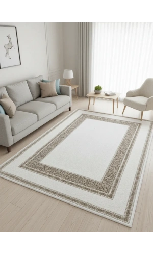 Çapan Armoni H6893A Beyaz Vizon Arabesk Çerçeveli Salon Halısı 160x230 — Flosh Peluş Lüks