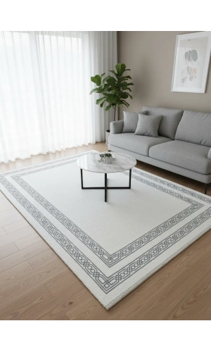 Çapan Armoni H6477A Beyaz Gri Zincir Çerçeveli Sade Salon Halısı 160x230 — Minimal Saçaklı