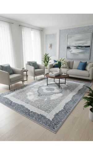 Çapan Armoni H6296A Beyaz Gri Mavi Klasik Madalyon Salon Halısı 160x230 — Osmanlı Saçaklı