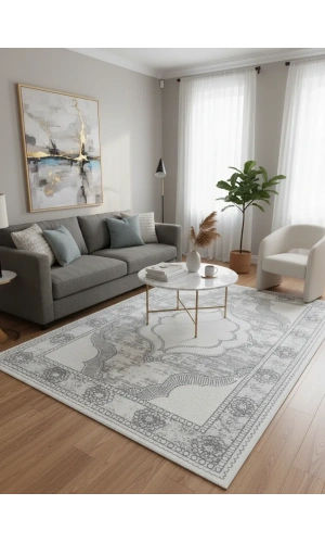 Çapan Armoni H6294A Beyaz Gri Lacivert Madalyon Salon Halısı 160x230 — Flosh Eskitme