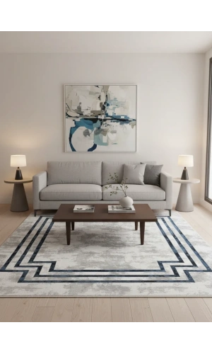 Çapan Armoni H5598B Beyaz Lacivert Çerçeveli Soyut Salon Halısı 160x230 — Flosh Peluş