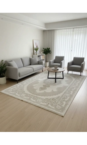 Asaryün Moda H7045 Bej Krem Oval Madalyon Klasik Salon Halısı 150x233 — Çiçekli Bordür