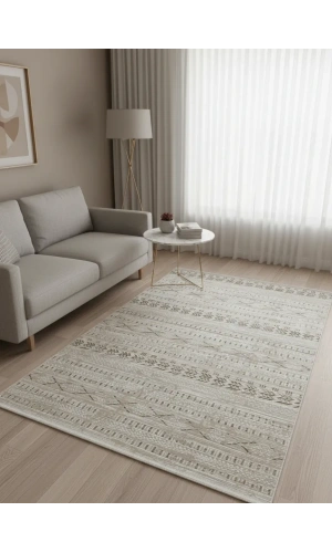 Asaryün Moda H7032 Bej Fas Berber Etnik Şeritli Salon Halısı 150x233 — Bohem Saçaklı