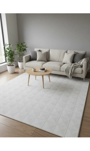 Asaryün Moda H6968 Beyaz İç İçe Kare Geometrik Salon Halısı 150x233 — Ton-on-Ton Kabartma