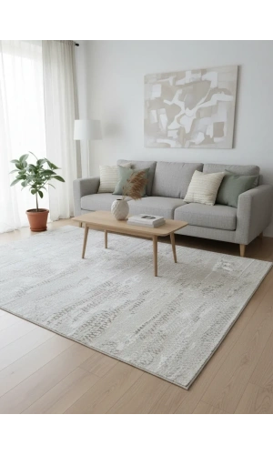 Asaryün Moda H6440 Bej Krem Soyut Eskitme Salon Halısı 150x233 — Organik Desen Saçaklı