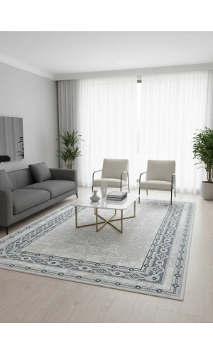 Asaryün Moda H6430 Krem Klasik Madalyon Çerçeveli Salon Halısı 150x233 — Eskitme Saçaklı