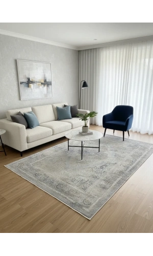 Asaryün Moda H4886 Mavi Gri Çiçekli Klasik Madalyon Salon Halısı 150x233 — Eskitme Saçaklı